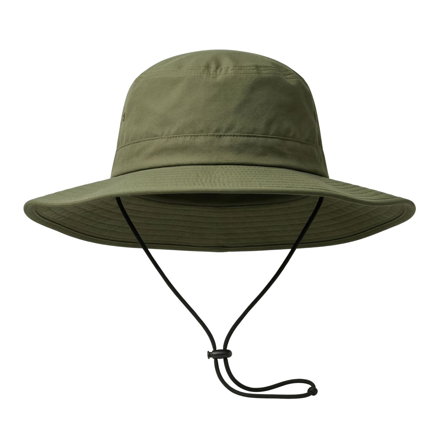An olive wide-brim hat with a chinstrap