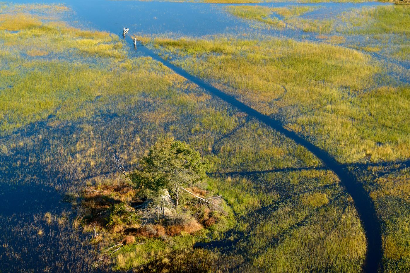 Mokoro canoes on the Okavango Delta from above